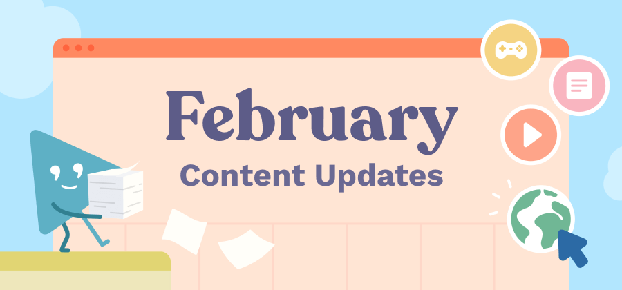 Selby holding paper pile with "February Content Updates"
